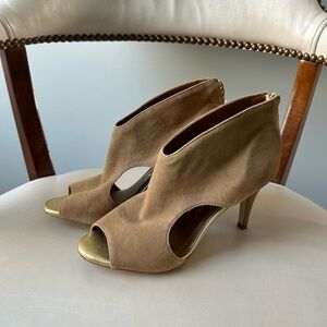 Rowen brown suede peep toe cutout heels